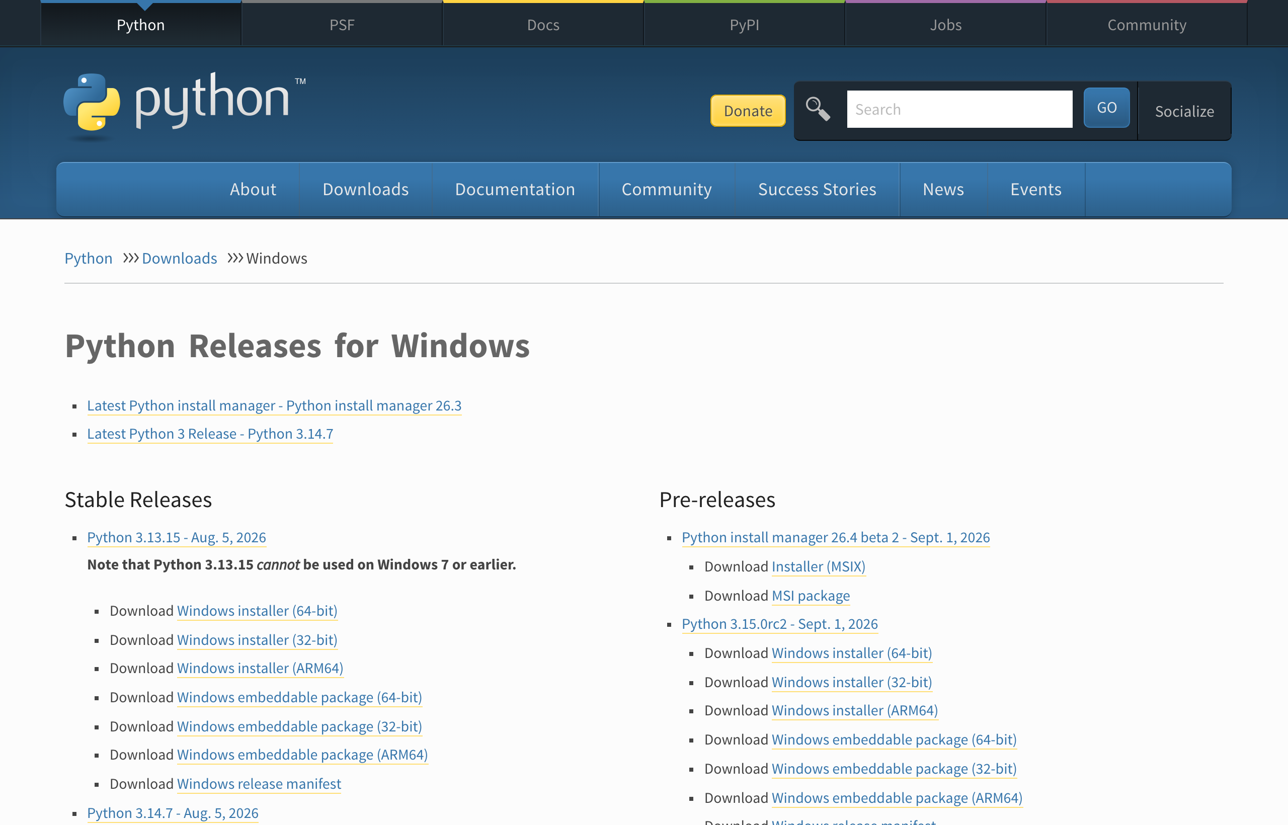 Страница Python Releases for Windows со списком стабильных выпусков и ссылками на установщики