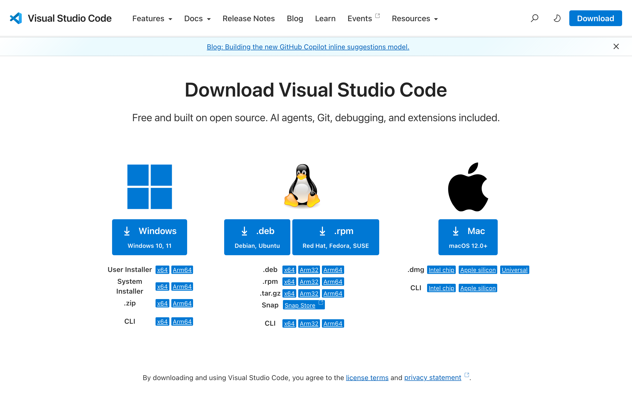 Страница загрузки VS Code: столбцы Windows, Linux и Mac с вариантами установщиков