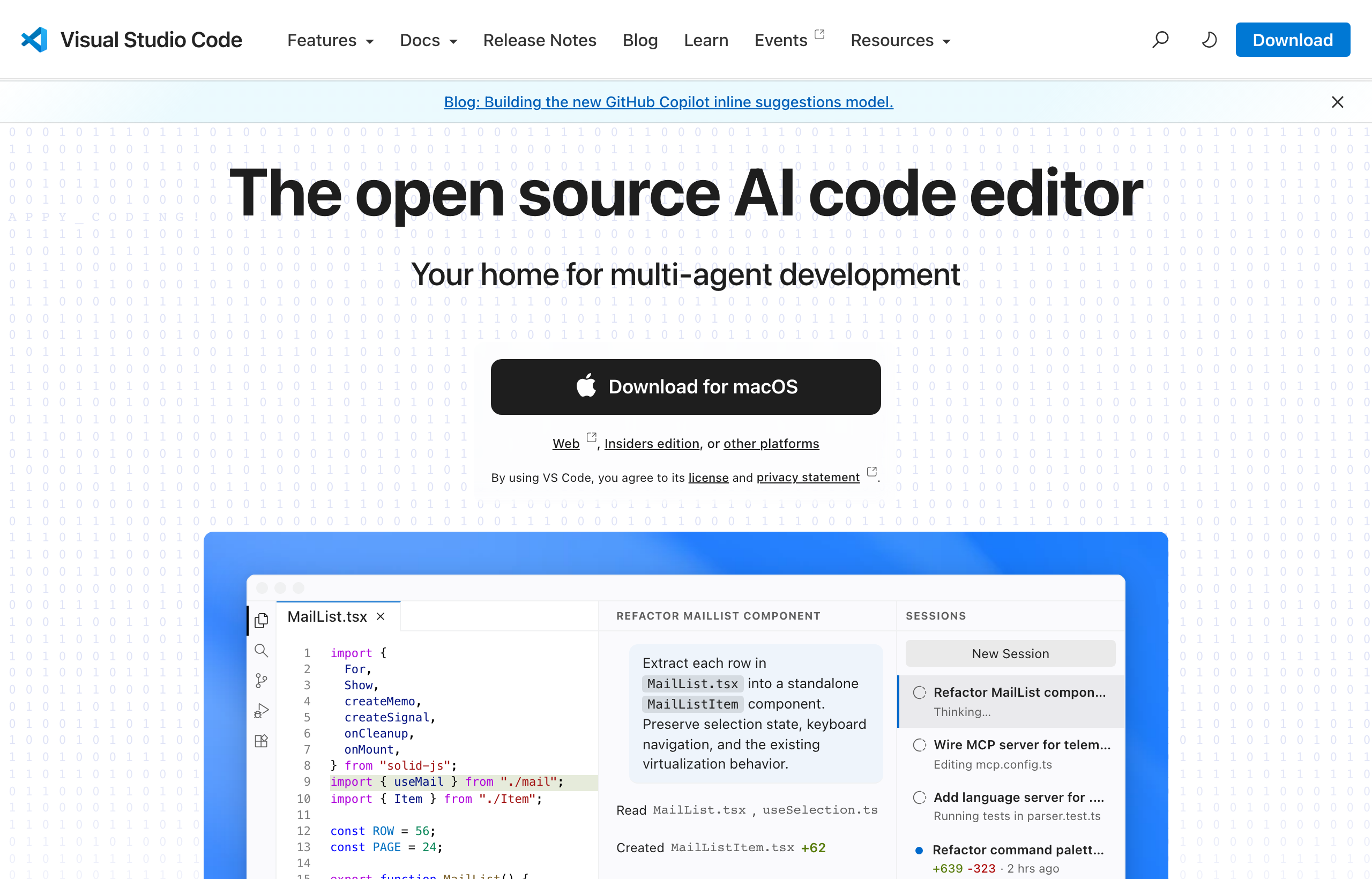 Главная страница code.visualstudio.com с чёрной кнопкой Download