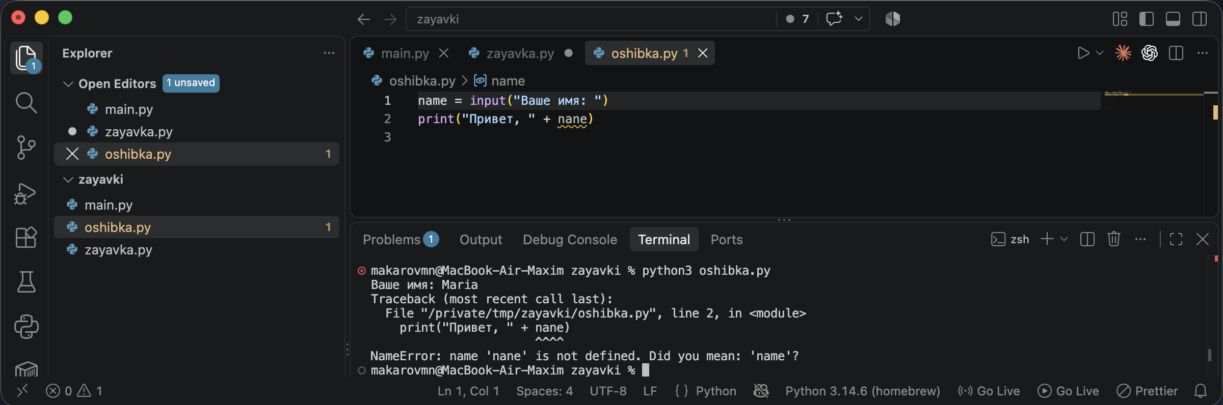 VS Code: опечатка в имени переменной подчёркнута в коде, в терминале сообщение NameError