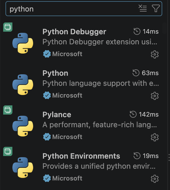 Вкладка расширений VS Code: в поиске python, в списке Python, Pylance, Python Debugger и Python Environments от Microsoft