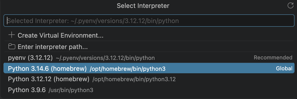 Список доступных интерпретаторов Python: выбрана версия 3.14.6, рядом с каждой показан путь