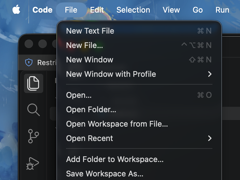 Меню File в VS Code: пункты New Text File, New File, Open, Open Folder и Open Recent
