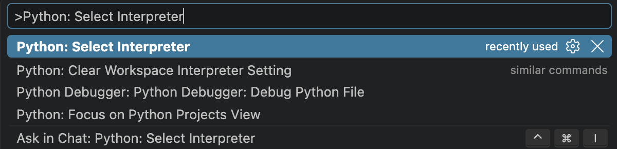 Палитра команд VS Code с набранной командой Python: Select Interpreter