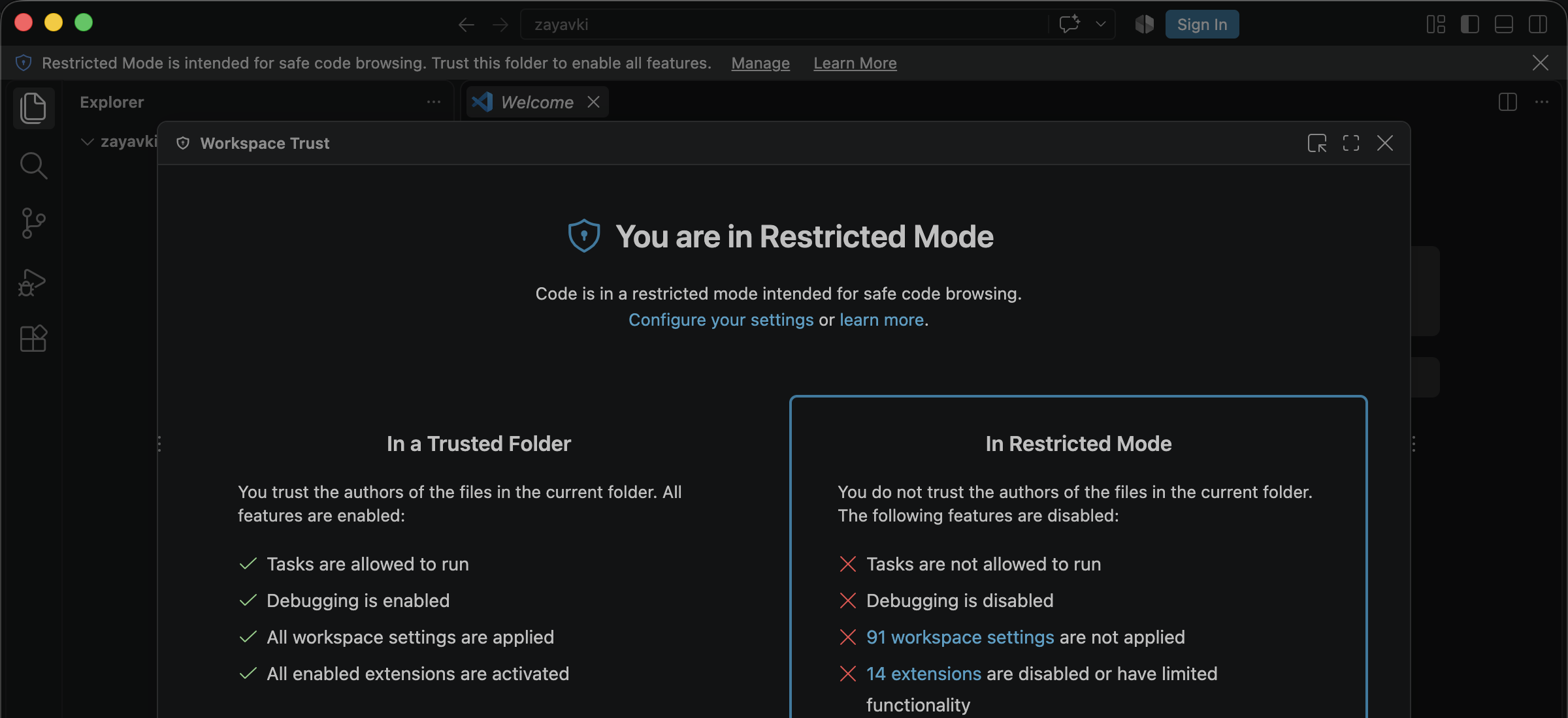 Окно Workspace Trust в VS Code: слева описание доверенной папки с кнопкой Trust, справа ограничения режима Restricted Mode
